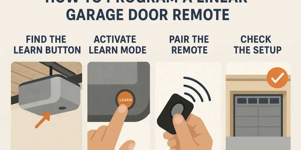 Illustration showing steps to program a garage door opener: finding the learn button, activating learn mode, pairing the remote, and checking the setup.