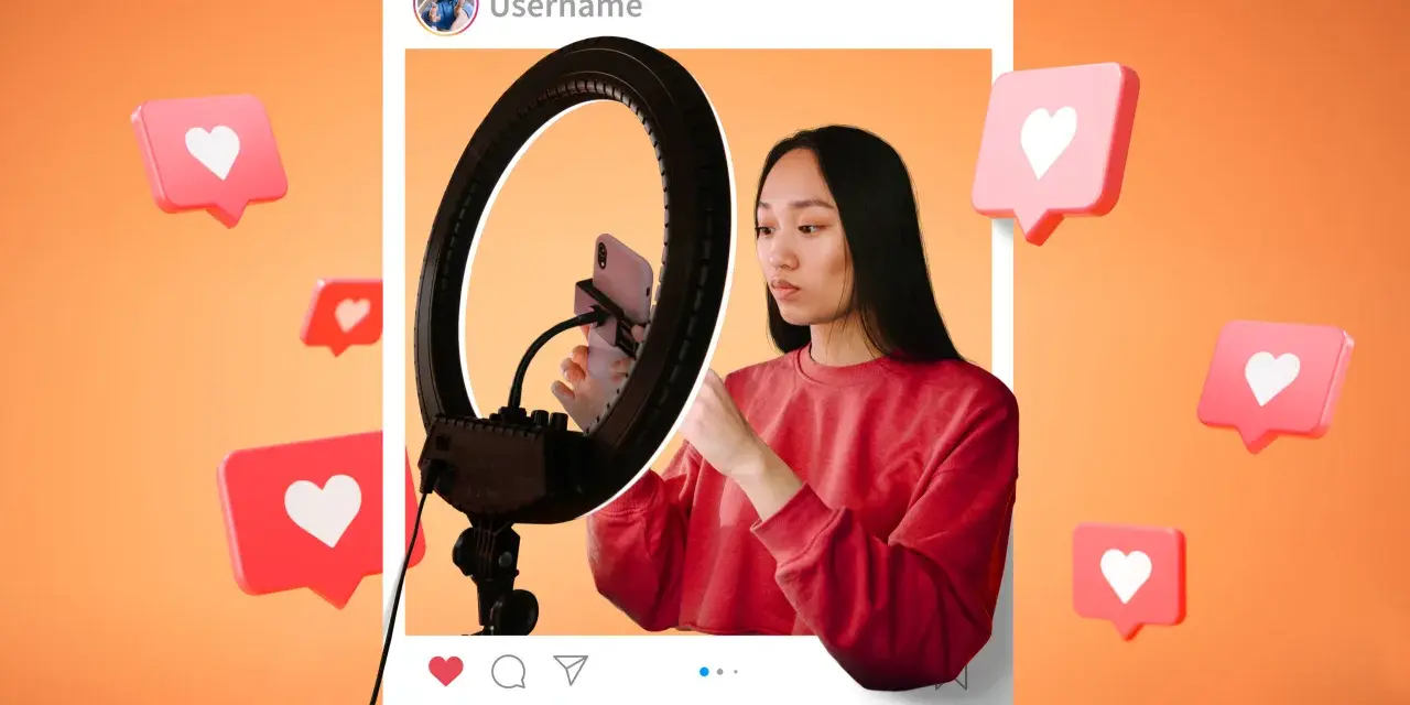 Joven creando contenido para publicidad con influencers, rodeada de notificaciones de "me gusta".