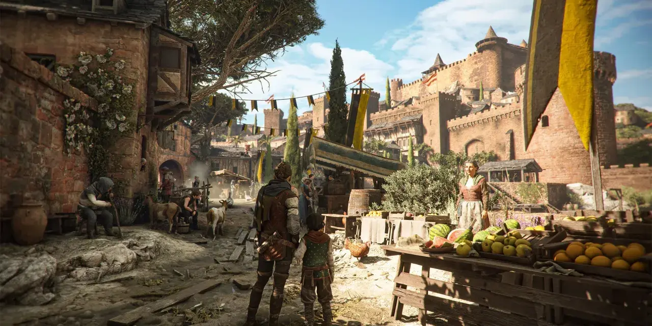Scena z A Plague Tale: Requiem. Dwoje bohaterów obserwuje tętniący życiem targ przed zamkiem. Gra ma 17 rozdziałów.