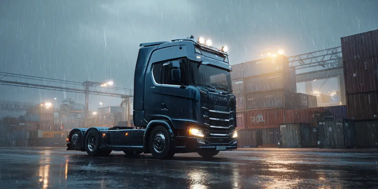 Ciemny Scania gotowy do prywatnych zleceń transportowych, stojący na mokrym placu w deszczu, wśród kontenerów.