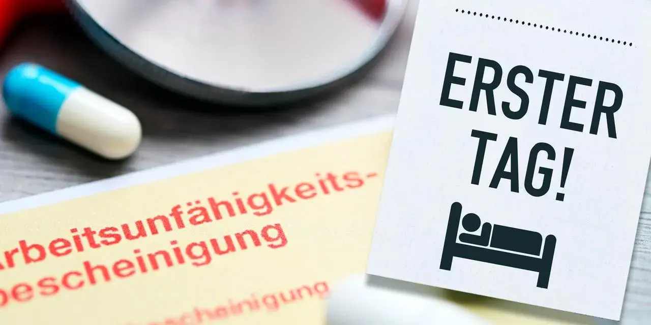 Arbeitsunfähigkeitsbescheinigung und eine Notiz "Erster Tag!" mit einem Bett-Symbol. Ein Stethoskop und Pillen deuten auf eine Krankschreibung hin, um gesund schreiben zu lassen.