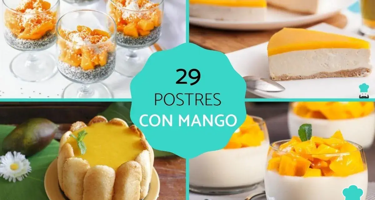 Collage de postres con mango: vasitos de chia, tarta, y postres individuales.