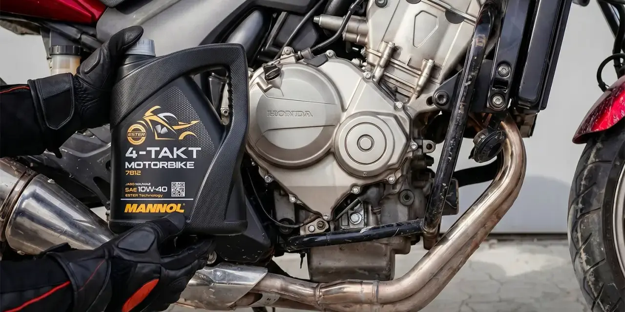 Rękawice motocyklisty trzymają olej Mannol 4-Takt Motorbike SAE 10W-40. Jaki olej do motocykla? Ten zapewni płynną pracę silnika Honda.