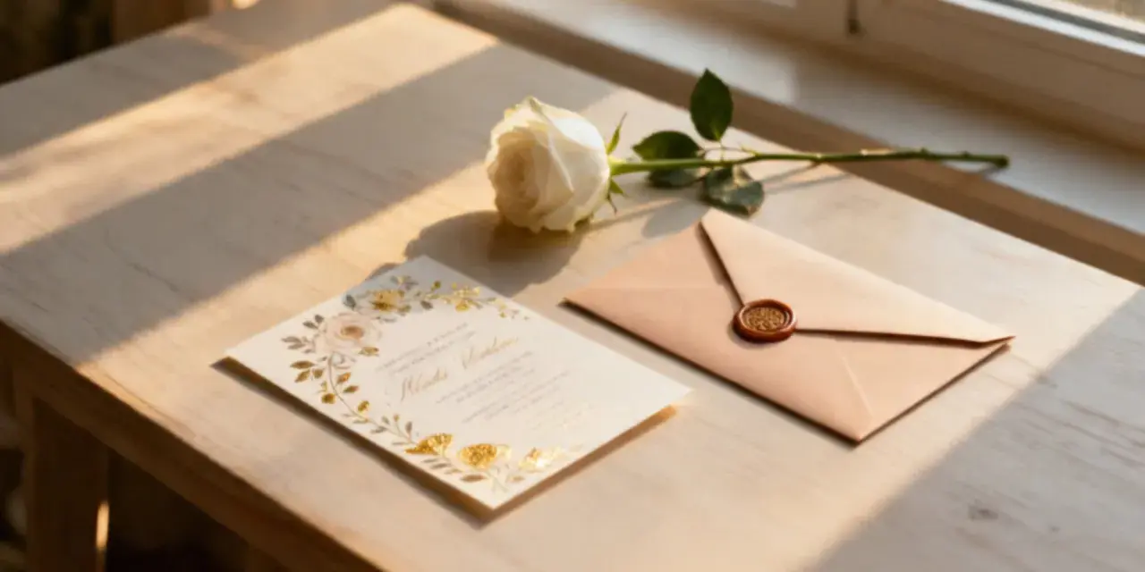 Eleganckie zaproszenie ślubne z różą i kopertą z pieczęcią. Czekam na Twoje rsvp!