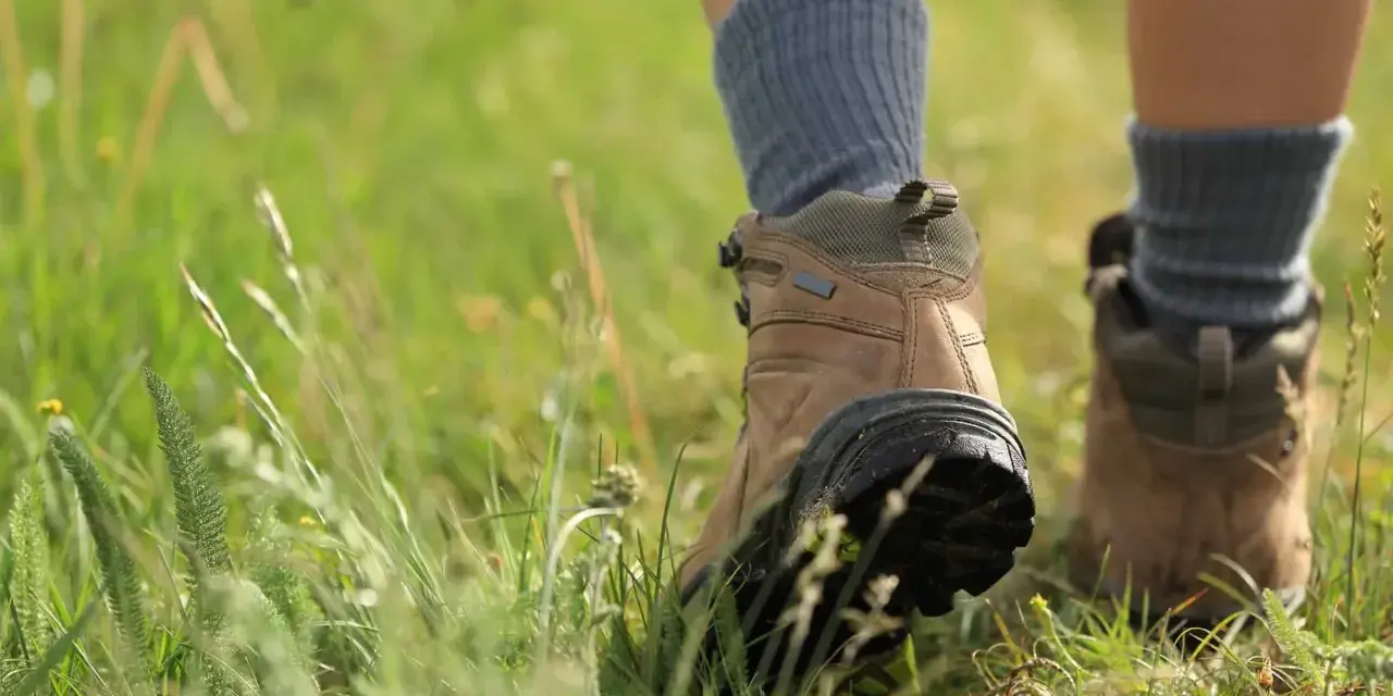 Wanderstiefel mit grauen Socken, die durch hohes Gras treten. Die richtigen Socken sind entscheidend, welche Socken zum Wandern am besten geeignet sind.