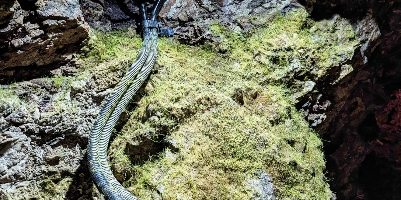W kopalni w Kletnie, wśród skalnych ścian porośniętych mchem, biegną kable.