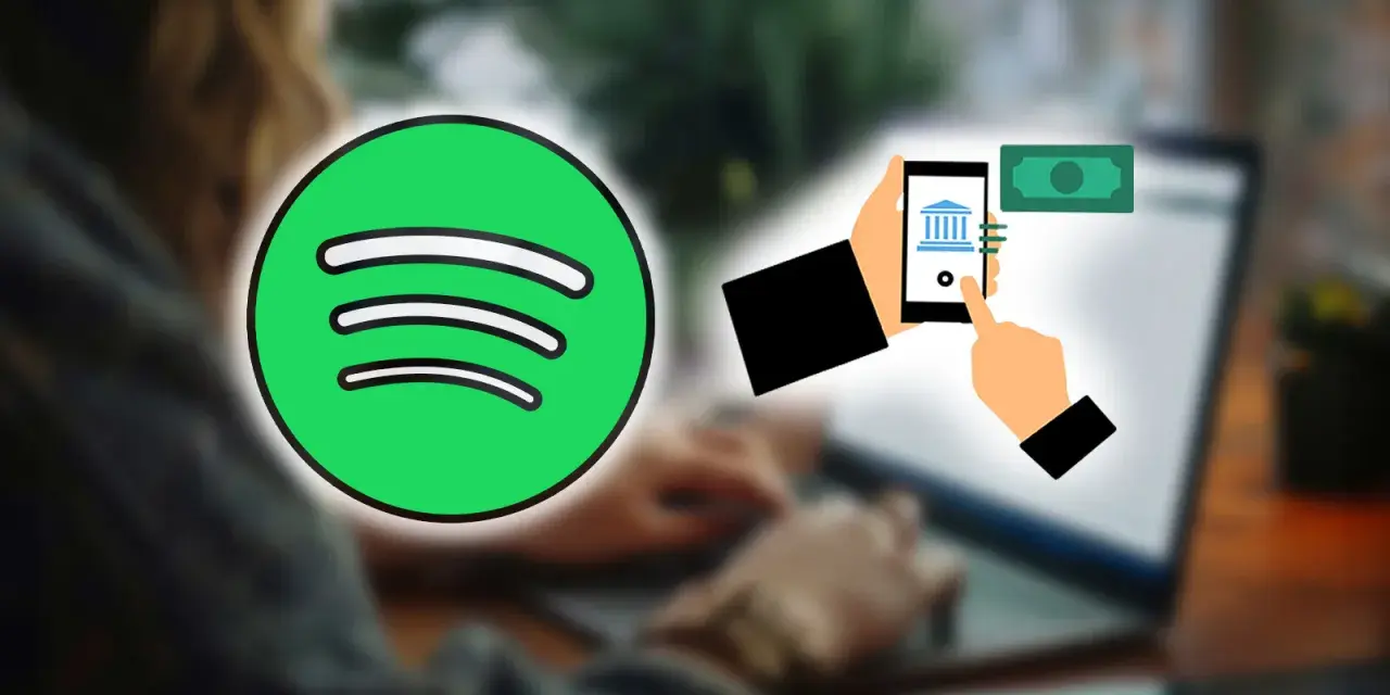 Spotify-Logo neben einer Hand, die ein Smartphone mit Bank-Symbol und Geldschein hält. Dies illustriert Spotify-Zahlungsmethoden.