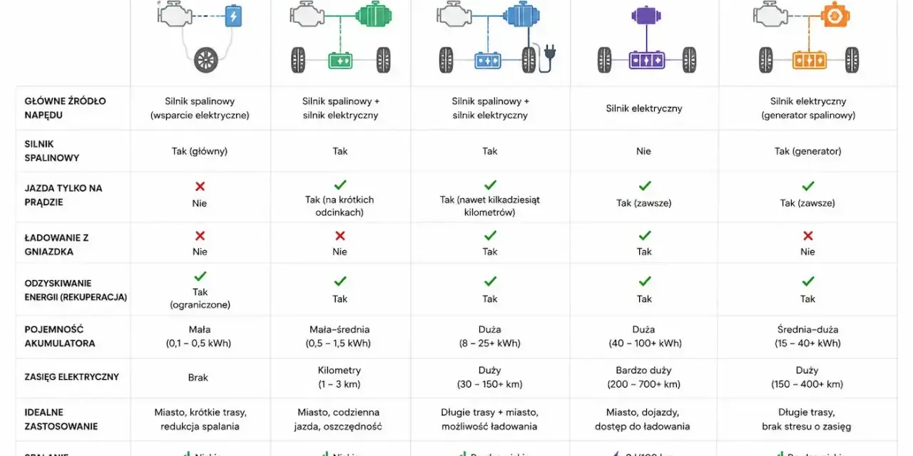 Porównanie rodzajów hybryd: MHEV, HEV, PHEV, BEV, REX/EREV. Tabela przedstawia kluczowe cechy napędów.