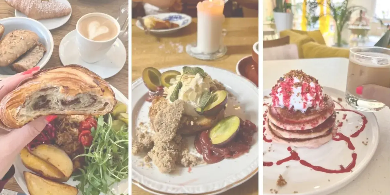 Leckeres vegan breakfast in Berlin: Croissant, Pancakes und ein süßer Kuchen mit Pflaumen.