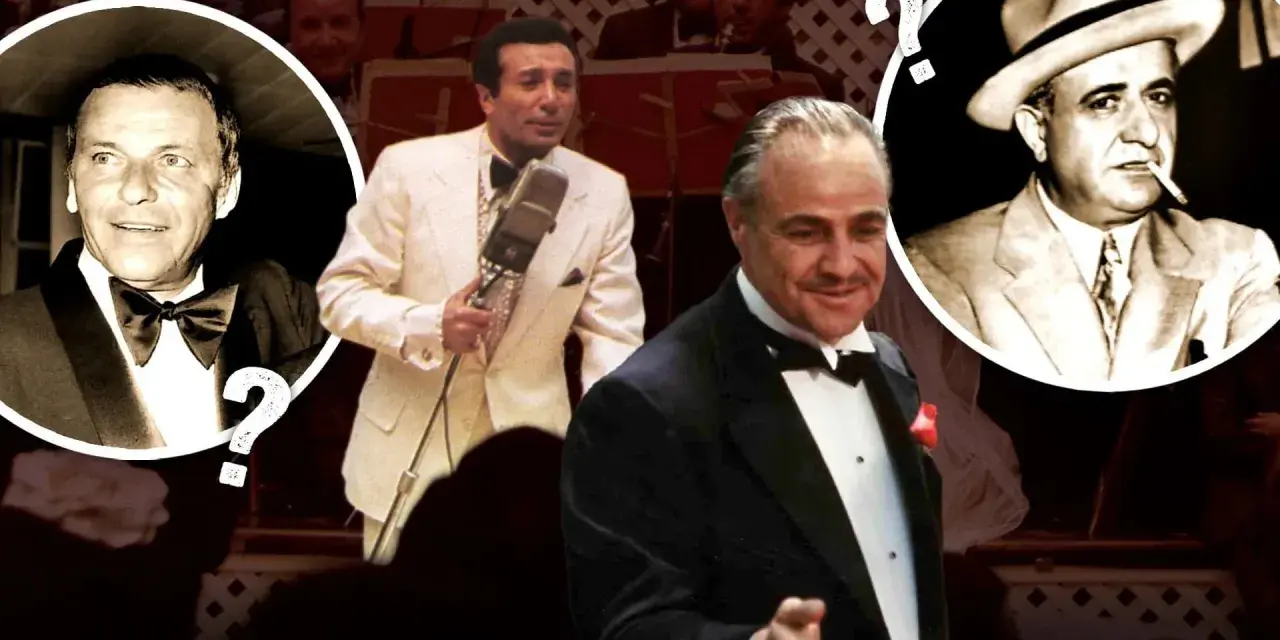 Frank Sinatra, Marlon Brando und ein Mann mit Hut, der an die Frank Sinatra Mafia-Ära erinnert.