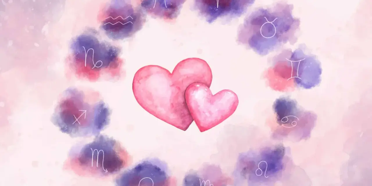Dwa różowe serca otoczone zodiakalnymi symbolami. Czy to znak, że Rak znalazł idealnego partnera?
