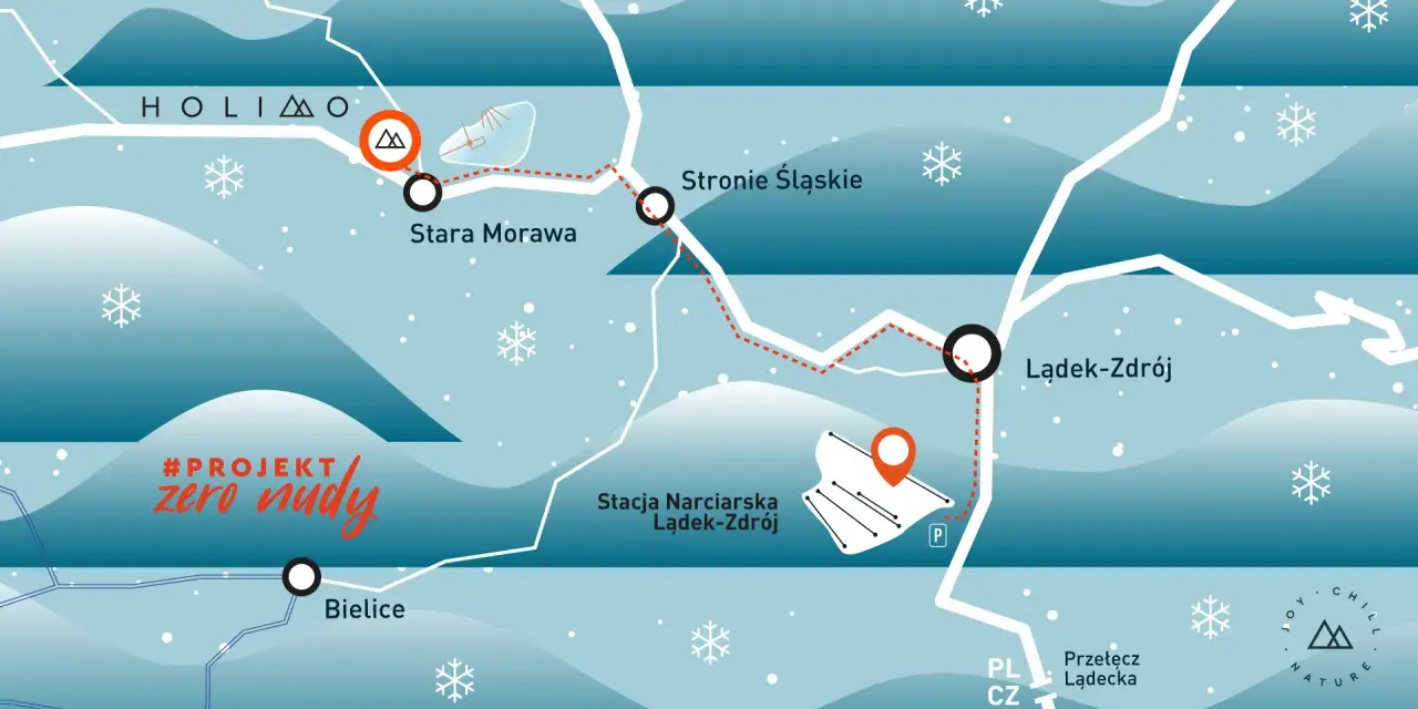 Mapa z zaznaczonymi miejscowościami: Lądek-Zdrój, Stronie Śląskie, Stara Morawa, Bielice i stacją narciarską.