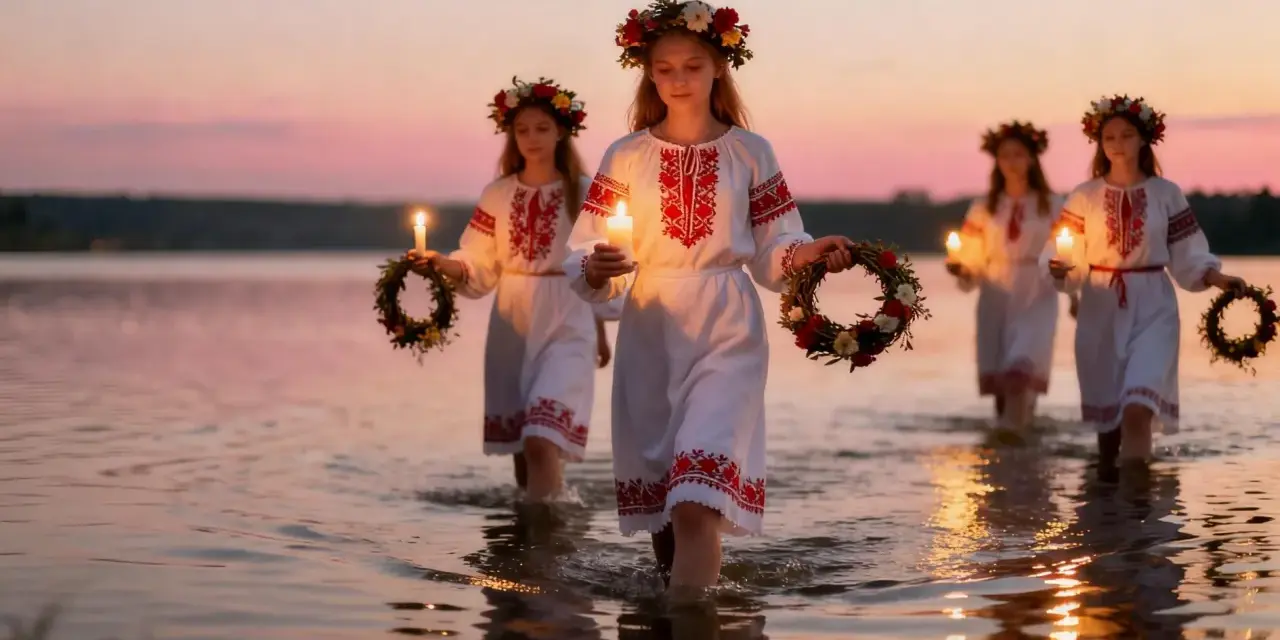 Dziewczęta wiankach i białych sukniach niosą wianki i świece, idąc przez wodę. To piękny widok, przypominający noc Kupały, inną nazwę sobótki.