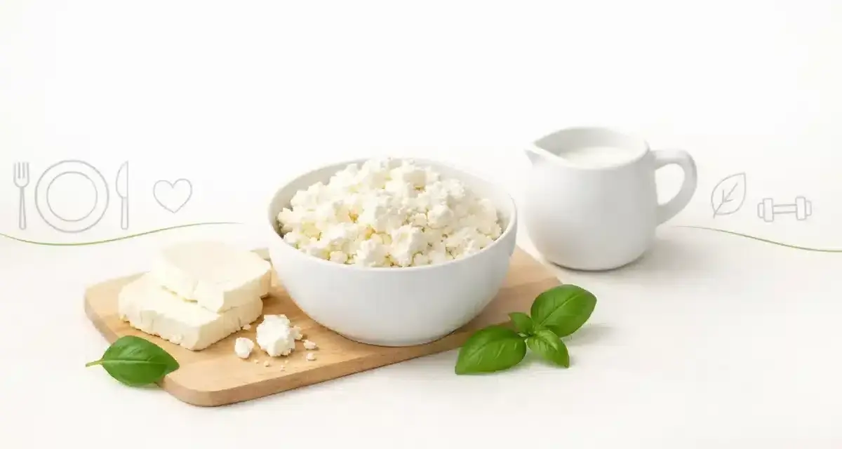 Twaróg w misce, na desce kawałki sera i listki bazylii. Zastanawiasz się, ile białka ma twaróg? To świetne źródło protein!