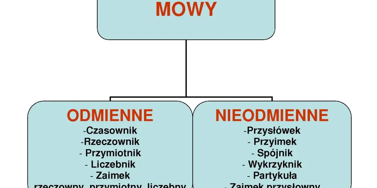 Schemat przedstawia podział części mowy na odmienne (czasownik, rzeczownik, przymiotnik, liczebnik, zaimek) i nieodmienne (przysłówek, przyimek, spójnik, wykrzyknik, partykuła, zaimek przysłowny).