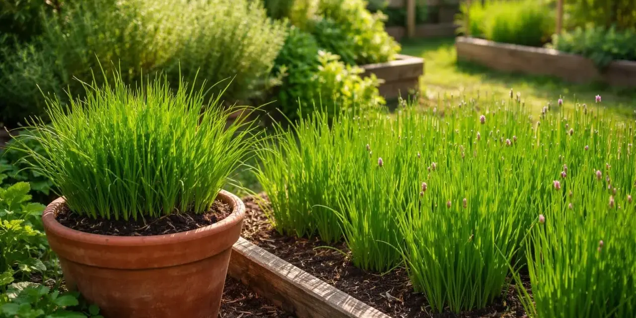 Ein sonniger **Schnittlauch Standort** im Garten. Ein großer Topf mit Schnittlauch steht links, daneben wachsen mehrere Beete mit dem grünen Kraut, einige mit zarten lila Blüten.