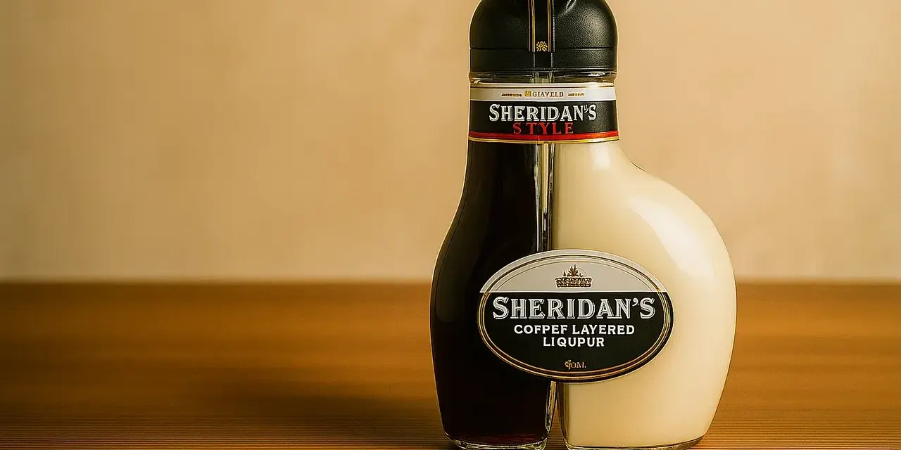 Dwukomorowa butelka Sheridan's, idealna do serwowania. Jak pić Sheridan's? Najpierw wlej biały likier, potem ciemny.
