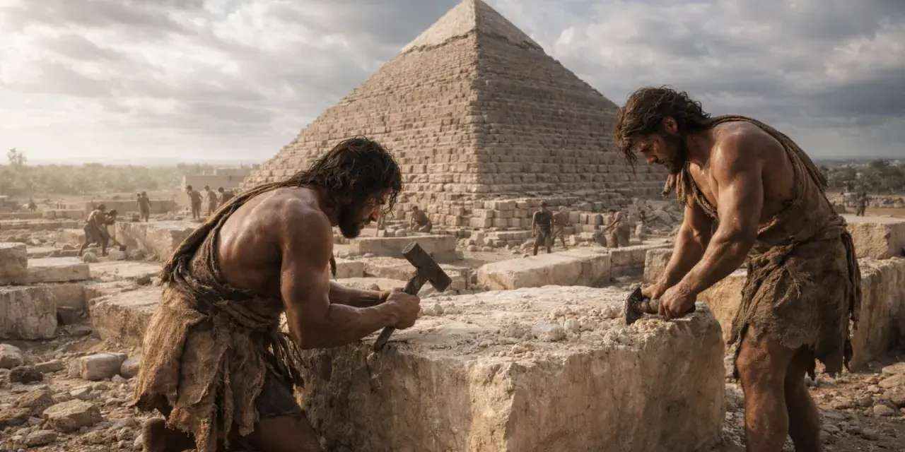 Hombres trabajando en la construcción de una pirámide, un momento clave en la civilización de Egipto.