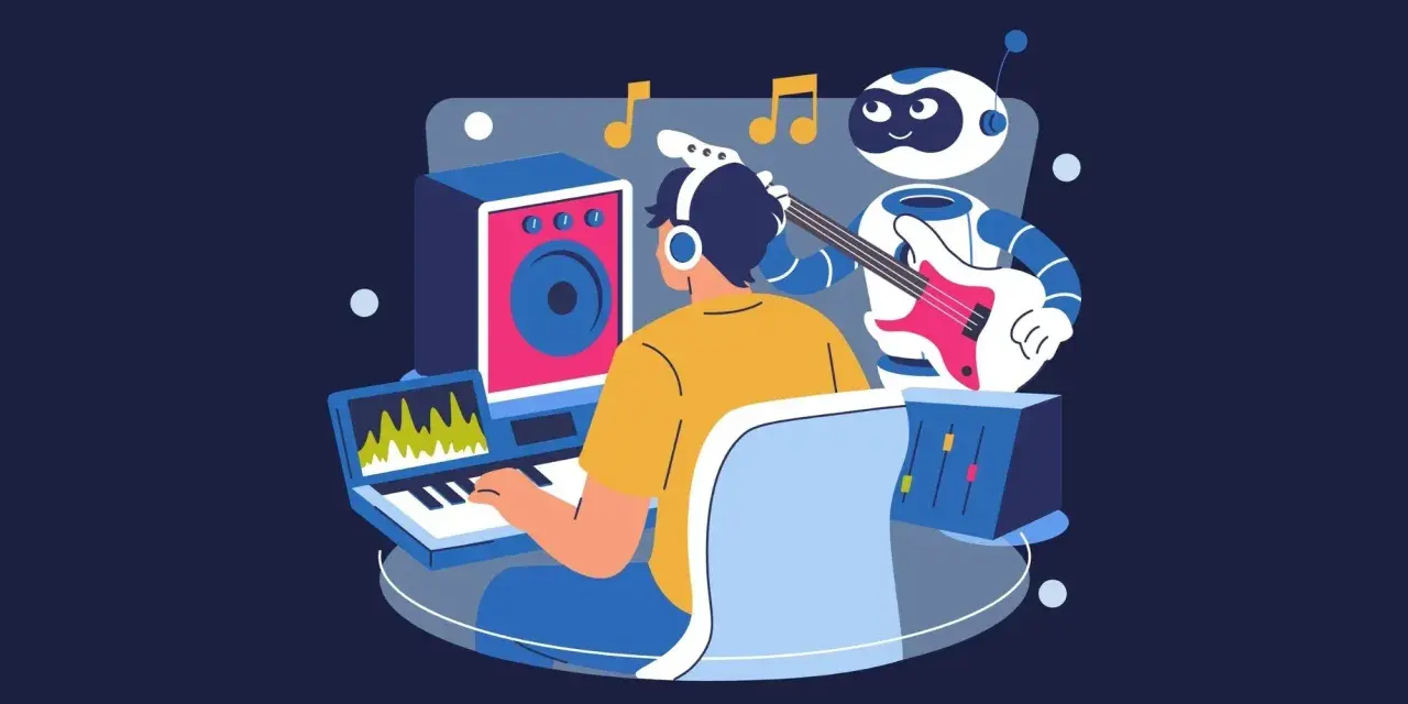 Człowiek w słuchawkach pracuje przy komputerze, a robot gra na gitarze. W tle nuty i sprzęt muzyczny. To idealne miejsce do wycinania wokalu.