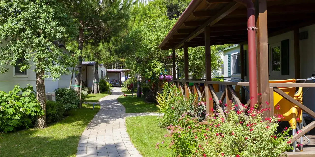 Ścieżka w ca pasquali village prowadzi wśród zieleni do domków letniskowych.