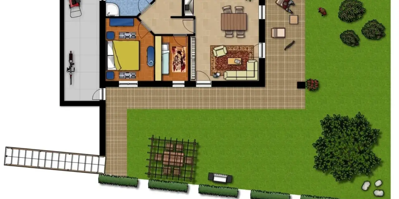Planimetrie case: vista aerea di una casa con giardino, garage, camera da letto, bagno, cucina e soggiorno.