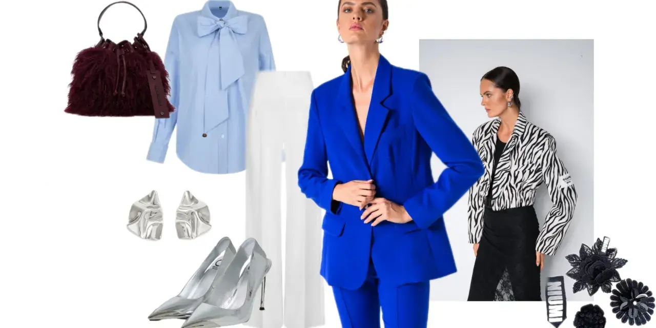 Elegancka stylizacja na bal ósmoklasisty: niebieski garnitur, białe spodnie, błękitna koszula z kokardą, srebrne szpilki i torebka.