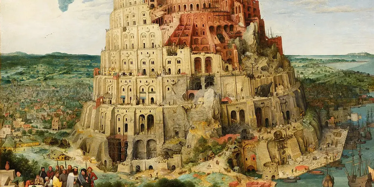 Monumentalna wieża Babel wznosi się ku niebu, otoczona miastem i morzem. Dzieło przedstawia biblijną opowieść o pychy i karze.