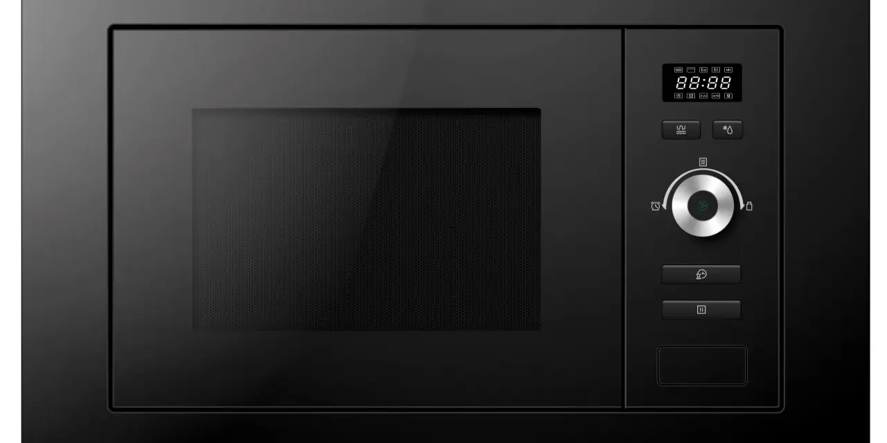 Micro-ondes encastrable noir, affichage digital, commandes tactiles et rotatives. La hauteur de cet appareil est idéale pour une intégration parfaite.