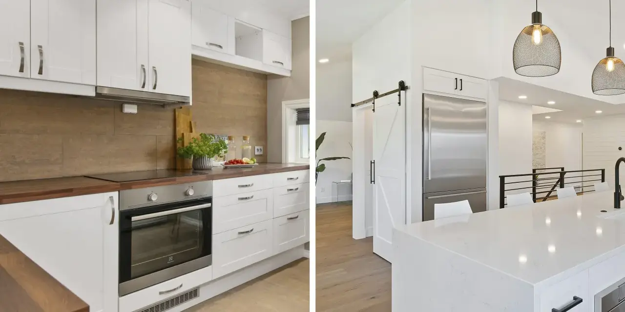 Cocina abierta con isla y barra, y cocina cerrada con electrodomésticos integrados y detalles en madera.