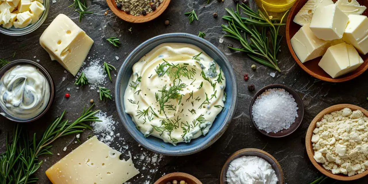 Un bol de sauce au bleu crémeuse, garnie d'aneth frais, entouré d'ingrédients pour une recette savoureuse : fromage, beurre, sel, poivre et herbes.