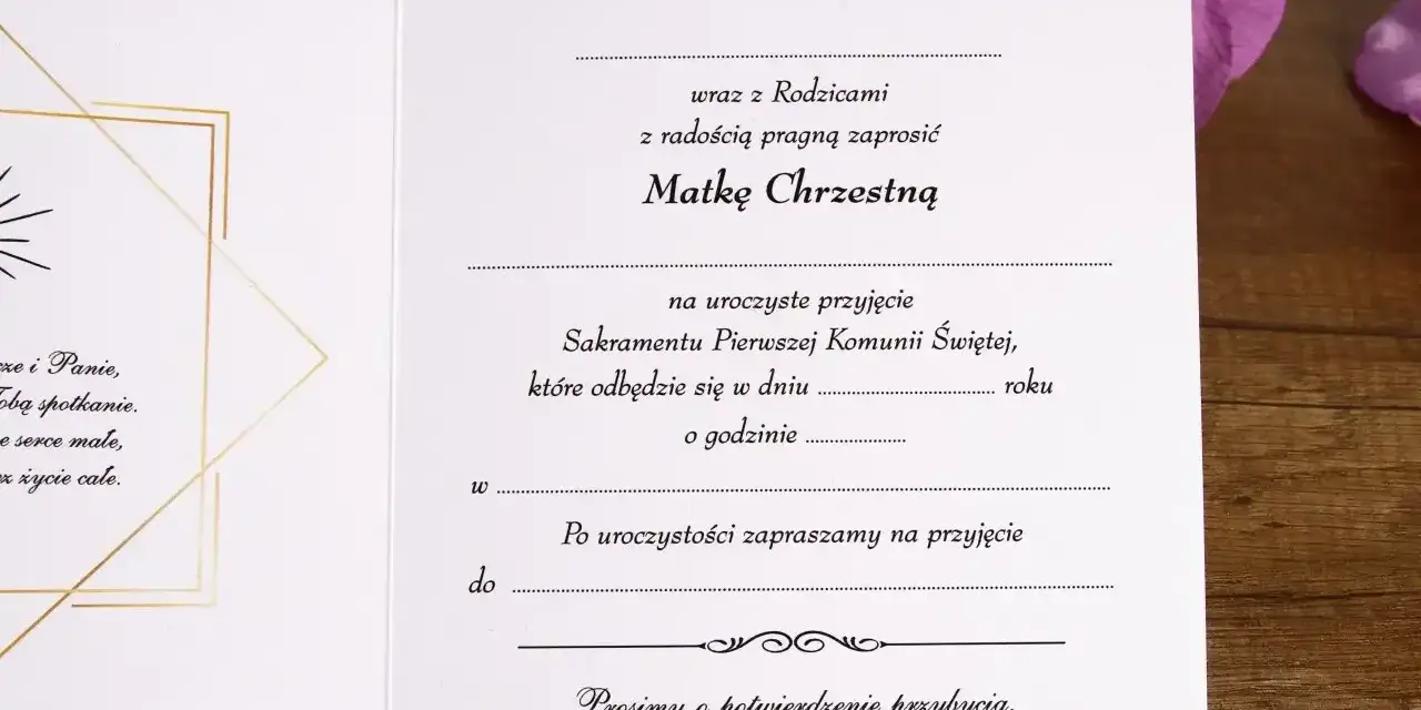 Zaproszenie na Komunię Świętą dla Matki Chrzestnej. Wzór zaproszenia z miejscem na wpisanie daty, godziny i nazwiska.