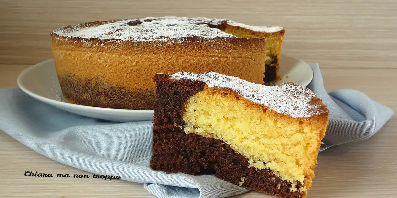 Una fetta di torta da colazione morbidissima bicolore, al cacao e vaniglia, cosparsa di zucchero a velo.