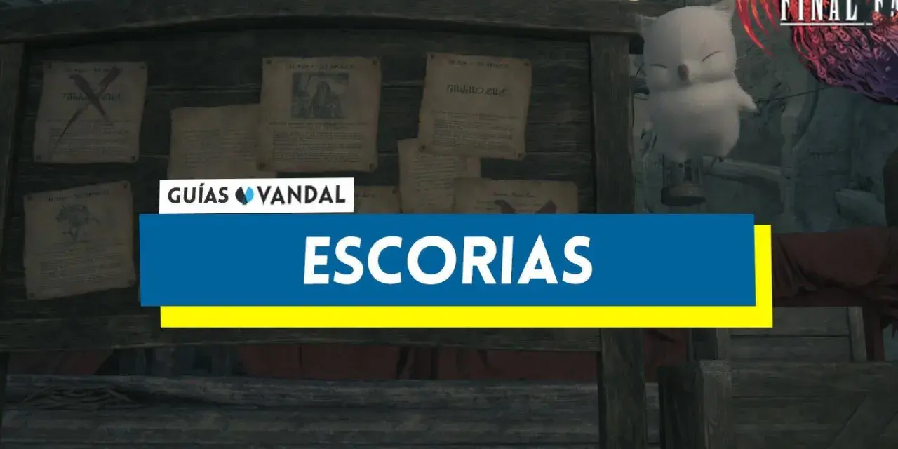 Un adorable moogle de Final Fantasy XVI flota cerca de un tablón de anuncios con información sobre el rey Bom.