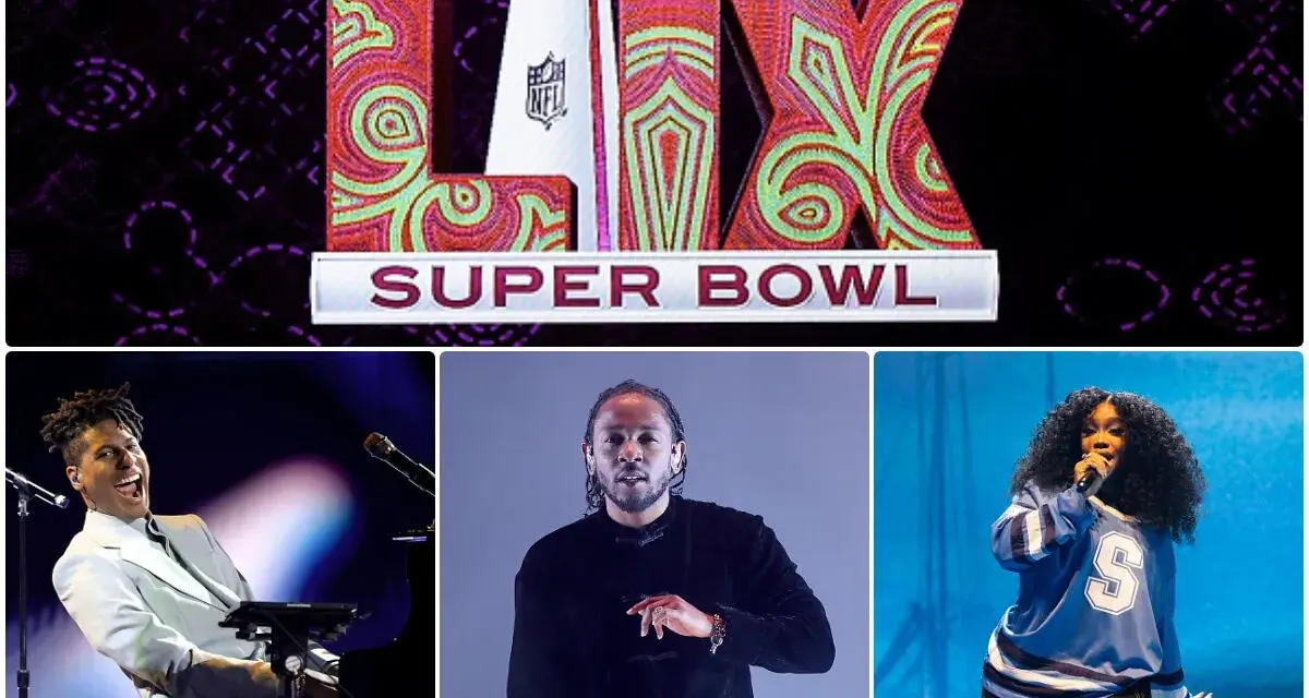 Super Bowl LIX Logo mit Jon Batiste, Kendrick Lamar und SZA.