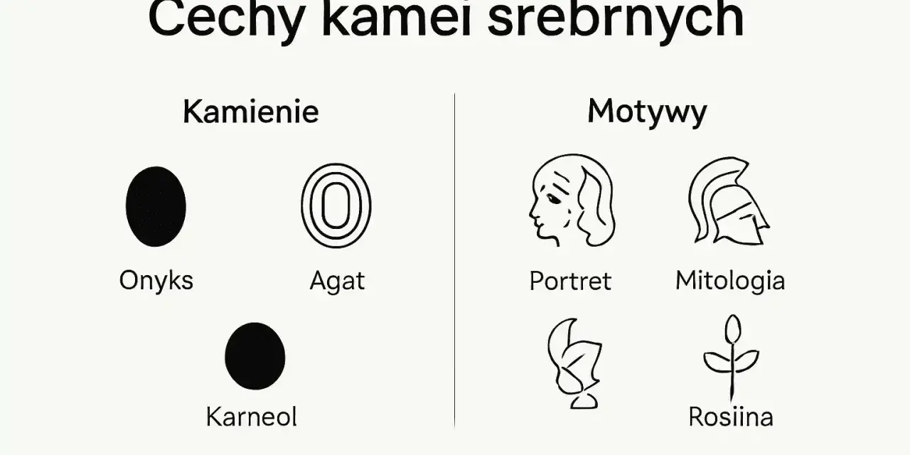 Kamea co to? Grafika przedstawia cechy kamei srebrnych: kamienie (onyks, agat, karneol) i motywy (portret, mitologia, roślina).