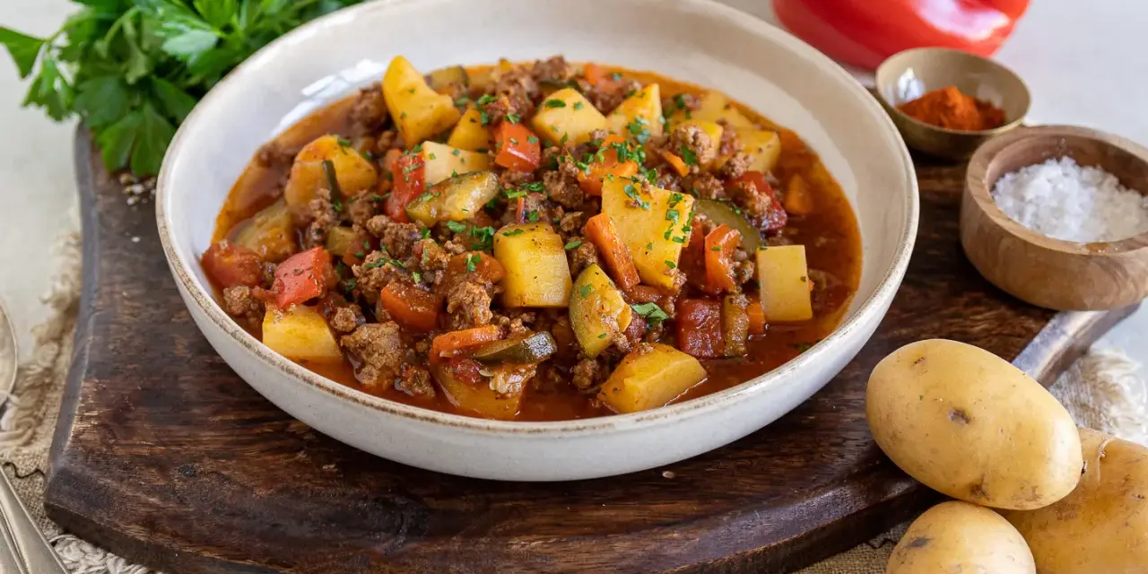 Herzhafter Bauerntopf mit Hackfleisch, Kartoffeln und Gemüse. Ein einfaches und leckeres Bauerntopf Rezept für die ganze Familie.