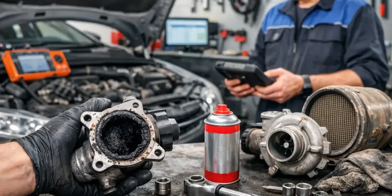 Mechanik trzyma mocno zabrudzony zawór EGR. Obok leżą turbosprężarka i narzędzia.