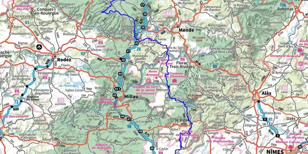 Carte du chemin de Saint-Guilhem-le-Désert, montrant le dénivelé et les Gorges du Tarn.