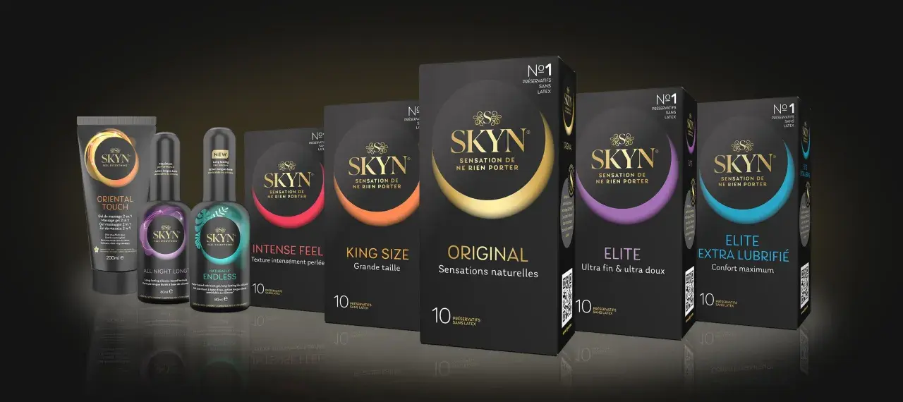 Różne rodzaje prezerwatyw SKYN: Original, Intense Feel, King Size, Elite, Elite Extra Lubricated, a także żele Oriental Touch, All Night Long i Naturally Endless.