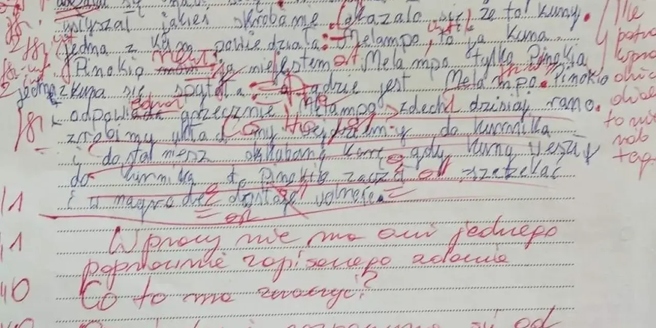 Przykłady pisma z dysgrafią: litery nierówne, pochylone, zniekształcone. Tekst opowiada o Pinokiu i jego przygodach.