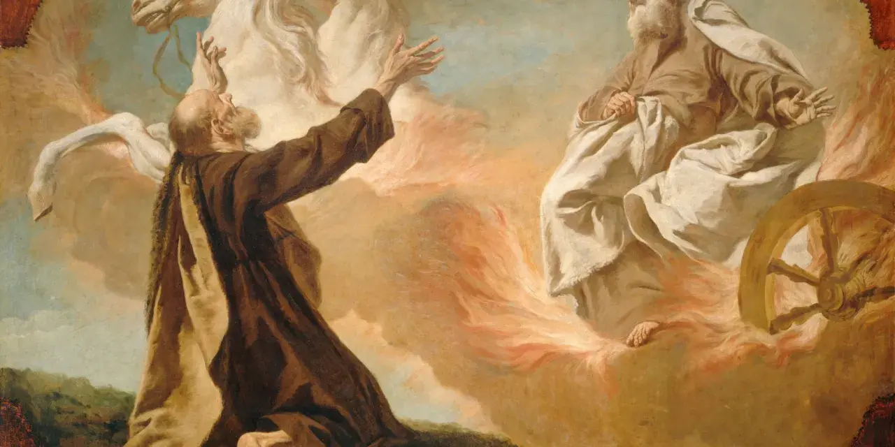 Elijah ascends in a fiery chariot pulled by horses, while Elisha watches from below.
