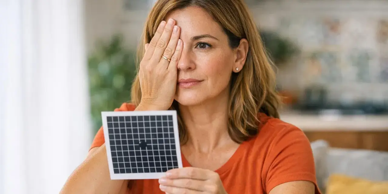 Donna copre un occhio, tenendo una griglia con un'ombra nera al centro, forse per un test visivo.