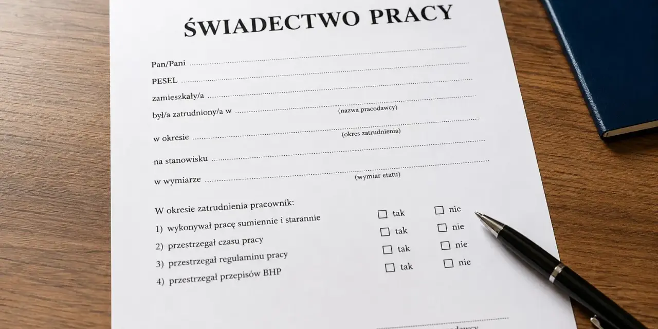 Formularz świadectwo pracy z polami do wypełnienia danych pracownika, okresu zatrudnienia i oceną jego pracy.