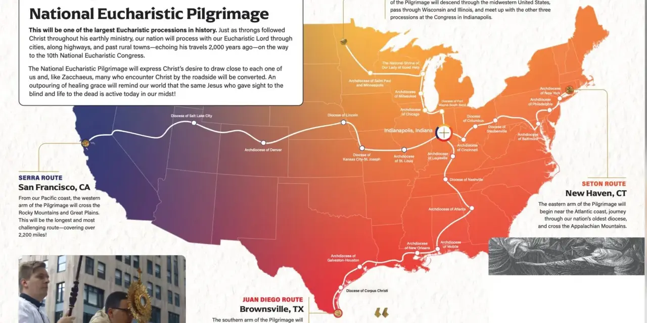 Map of US National Eucharistic Pilgrimage routes, showing four paths converging in Indianapolis, highlighting various Christian prayer sites.