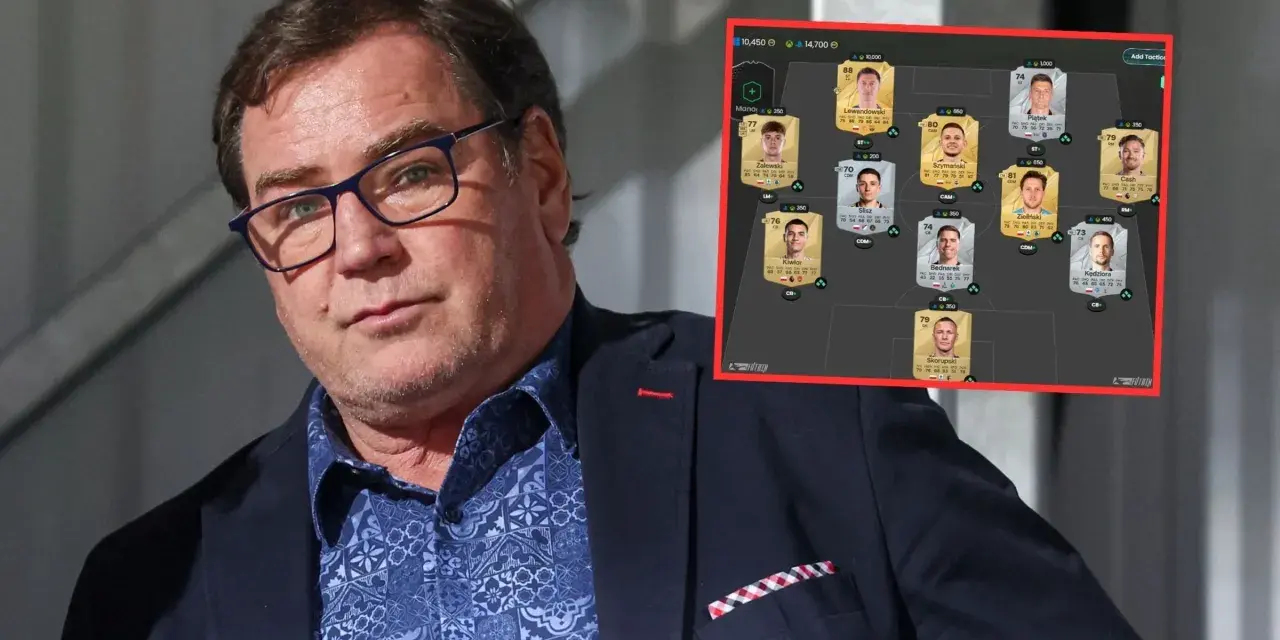 Mężczyzna w okularach patrzy na ekran z wirtualną drużyną piłkarską, sugerując dyskusję o powołania do kadry.
