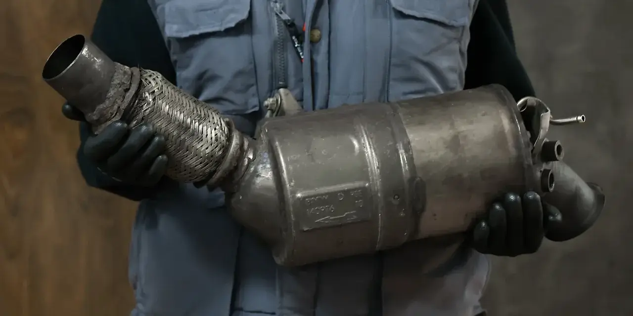 Mechanik w rękawiczkach trzyma zużyty element układu wydechowego, prawdopodobnie po problemach z wypalaniem DPF.