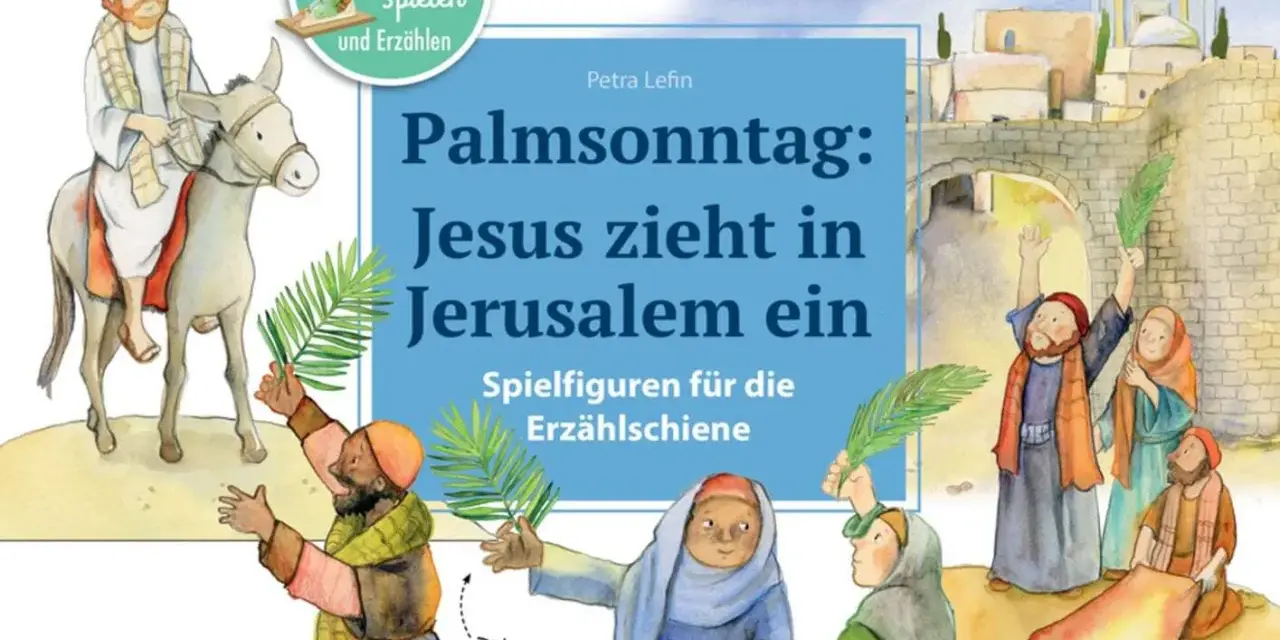 Illustration zum gesegneten Palmsonntag: Jesus zieht auf einem Esel in Jerusalem ein, Menschen jubeln mit Palmzweigen und breiten Kleider aus.