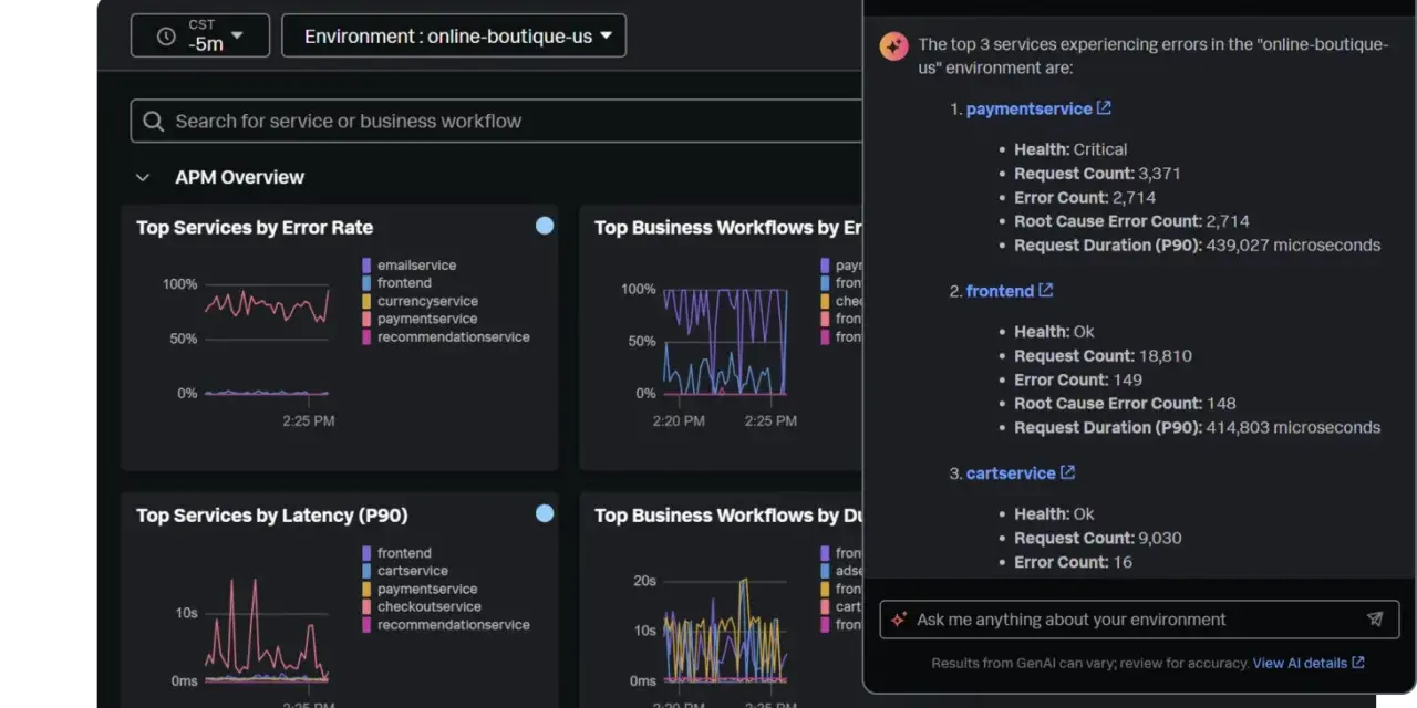 Cloud based application monitoring dashboard showing error rates, latency, and AI assistant identifying critical services like paymentservice.