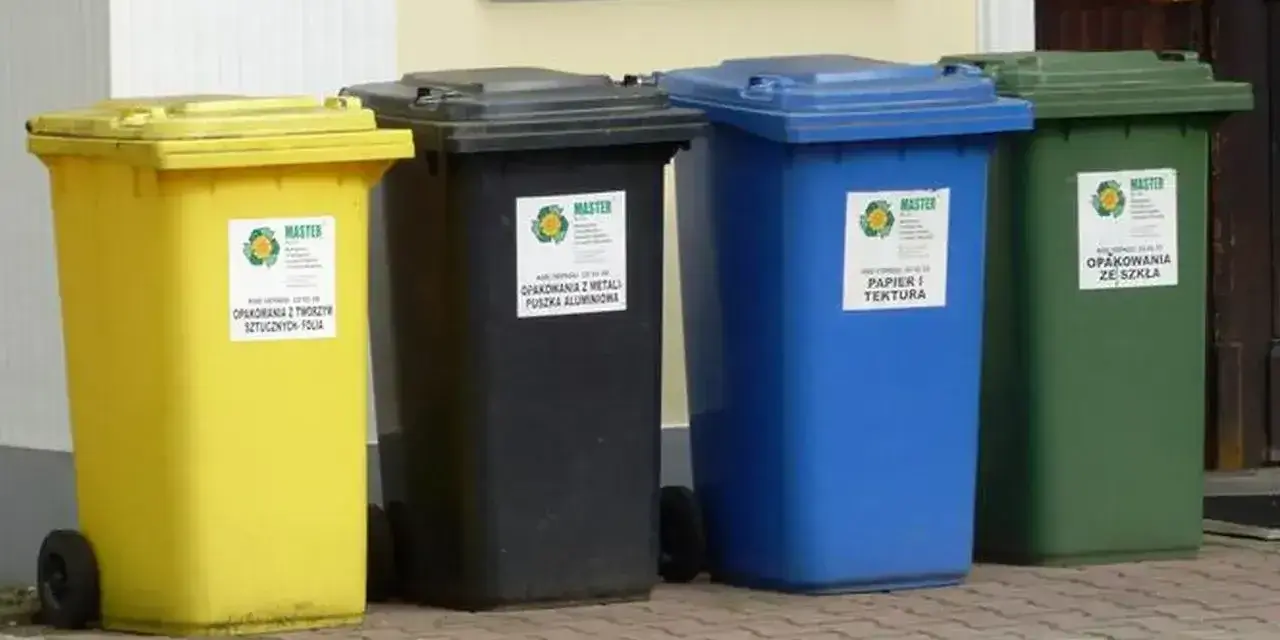 Cztery pojemniki na śmieci: żółty na tworzywa sztuczne, czarny na metale, niebieski na papier i tekstury, zielony na szkło. Gdzie wyrzucić brudny plastik? Do żółtego.