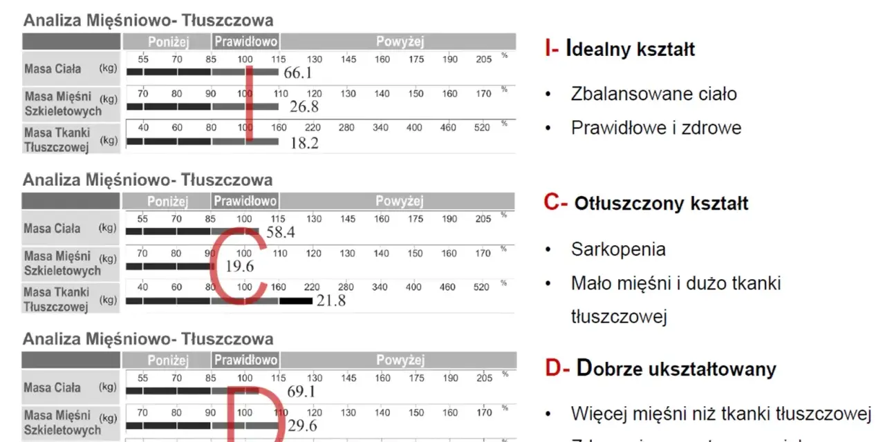 Analiza mięśniowo-tłuszczowa pokazuje poziom tkanki tłuszczowej. Wyniki wskazują na idealny, otłuszczony lub dobrze ukształtowany kształt ciała.